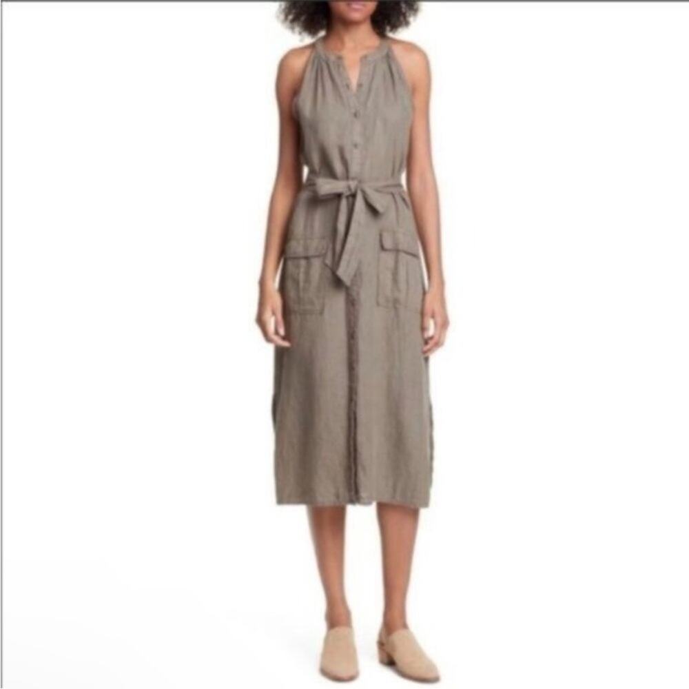 JOIE Edelie Tie Waist Sleeveless Linen Dress - Green - Large Lagenlook